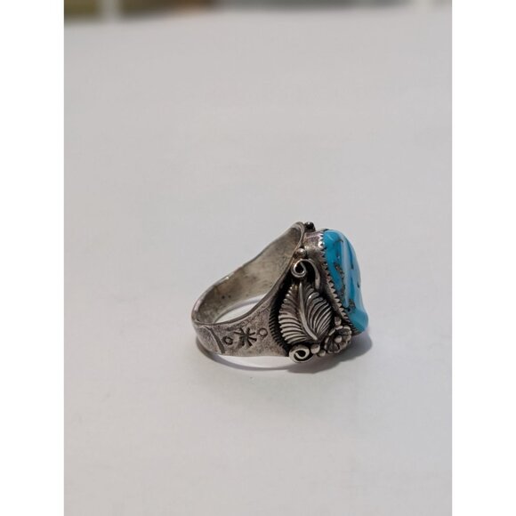 Vintage Turquoise Ring Intricate Silver Leaf Design Southwestern Statement - Picture 3 of 14